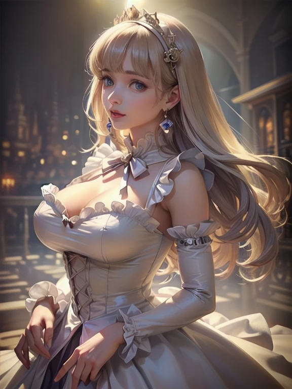 ((Highest quality、High resolution、Highly detailed CG Unity 8k wallpaper))、Detailed face、Perfect body、Unparalleled beauty、Curvy but slender body, Perfect Eyes, Perfect Face, Perfect lighting, Quality clothing、1 Girl, detailed castle background、Long Hair, Curly Hair, Quality clothing, Bright and beautiful face、Young and shiny white glossy skin、The ultimate beauty、The most beautiful light blonde hair in the world、Thin Hair、Super long straight hair、Shiny beautiful bangs、Shining, clear, big blue eyes、Very beautiful and adorable 17 year old girl, the most beautiful in the world、Big and ample breasts、、Sexually excited expression、A sexy dress with intricate details、((She lifts up her skirt and shows her panties、I&#39;Is tempting you、I'm inviting you to have sex))