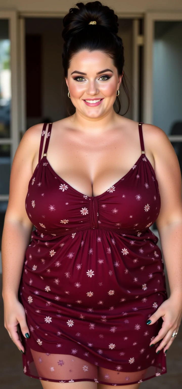 (Best Quality,4K,超A high resolution:1.2),(Mature Japan women, granny, Black hair,Glasses),(Big smile),(45-year-old woman),(wrinkled),(body wrinkles),(acnes, Fine wrinkles, Detailed skin texture),(Huge breasts:1.4),(massive hips),(Purple swimsuit),(hands behind the back)