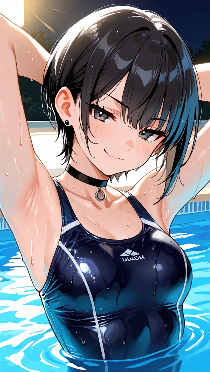 (Incredibly ridiculous absolute resolution:1.5)、hiquality、top-quality、masuter piece、Anime girl in pink and white bikini, 魅惑的、Anime Loli, 8k Manga Wallpapers, Smile、Shy laughter、((small curvy loli))、large full breasts、pretty anime girl,((swimming pools))、(Medium Shorthair)、(short braided hair)