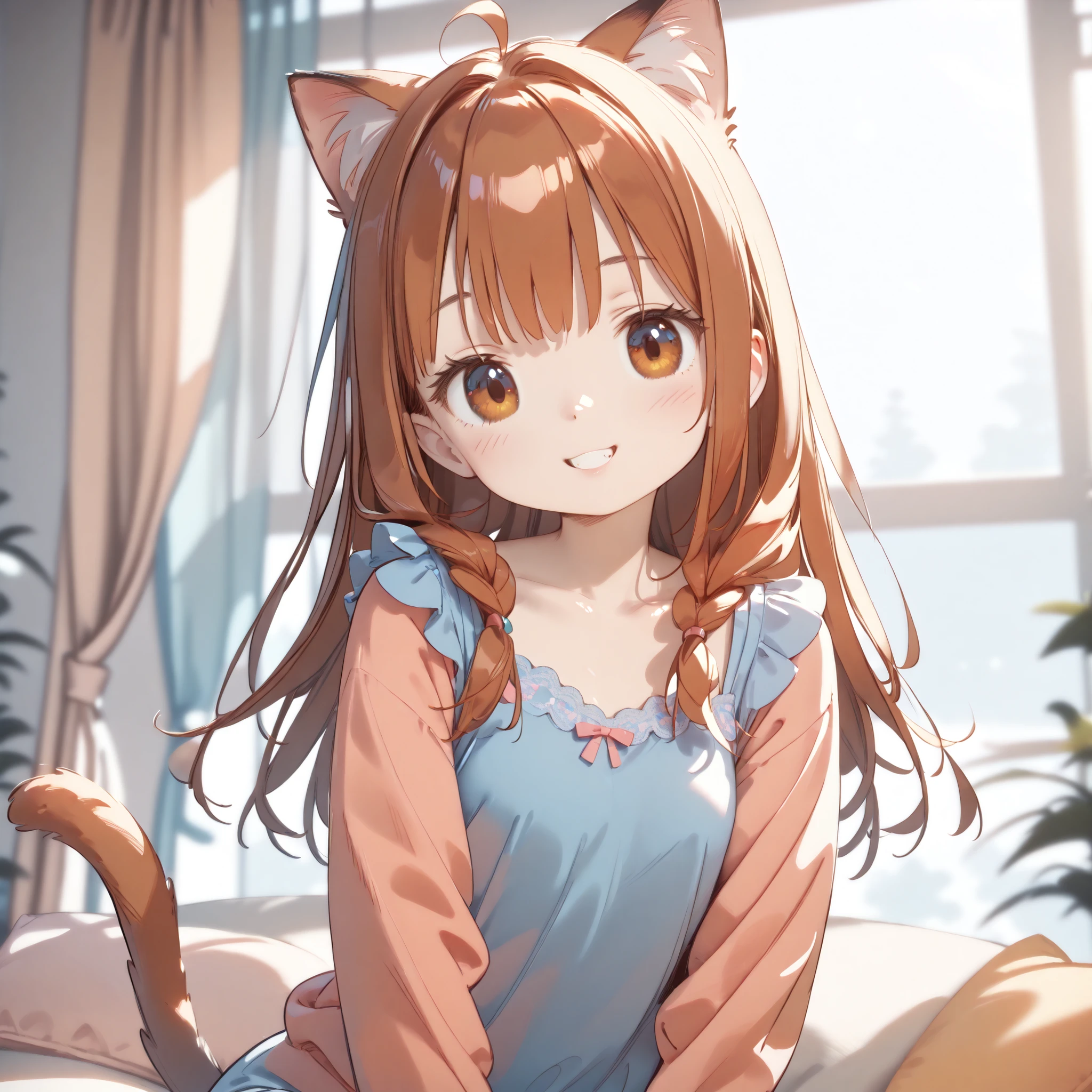 ((masterpiece, High Quality, high resolution, 8k, 4K)),Beautiful girl3人、Beautiful girl、Cat ears、cat tail、Little girl、flat chest、young limbs 、Pajamas、cute、bedroom、Play、Fun、Smile Yan、3 people shoulder-to-shoulder、Pajamasパーティー、3Good friends