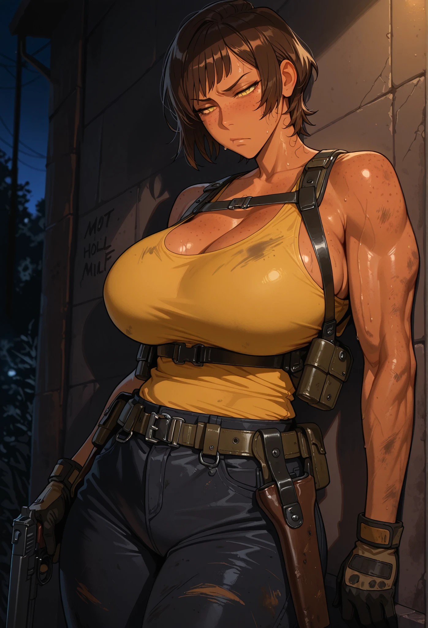 a hyper realistic ultra detailed photograph of a futuristic beautiful barbarian woman wearing sunglasses at a dystopian city, tattered outfit with rusty metal armor plates, long wild hair, tattooed hands and body, fashion pose, detailed symmetric beautiful hazel eyes, detailed gorgeous face, apocalyptic environment, exquisite detail, 30-megapixel, 4k, Canon EOS 5D Mark IV DSLR, 85mm lens, sharp focus, intricately detailed, long exposure time, f/8, ISO 100, shutter speed 1/125, diffuse back lighting, award winning photograph, facing camera, looking into camera, monovisions, perfect contrast, High sharpness, facial symmetry, depth of field, ultra-detailed photography, raytraced, global illumination, TanvirTamim, smooth, ultra high definition, 8k, unreal engine 5, ultra sharp focus, award-winning photograph, trending on artstation,degenbrecher(arknights), blonde hair, (yellow eyes:1.5), long hair, (large breasts:1.2), thick, abs, sweaty body, wet, Muscular Female, BREAK sports top, bike shorts, black thigh-highs, black elbow gloves, black choker, BREAK looking at viewer, (full body), from below, ((crossed arms)), disgusted face, BREAK (masterpiece:1.2), best quality, high resolution, unity 8k wallpaper, (illustration:0.8), (beautiful detailed eyes:1.6), extremely detailed face, perfect lighting, extremely detailed CG, (perfect anatomy),,((((big muscles,muscles legs,muscles arms,abs,bodybuider.))))