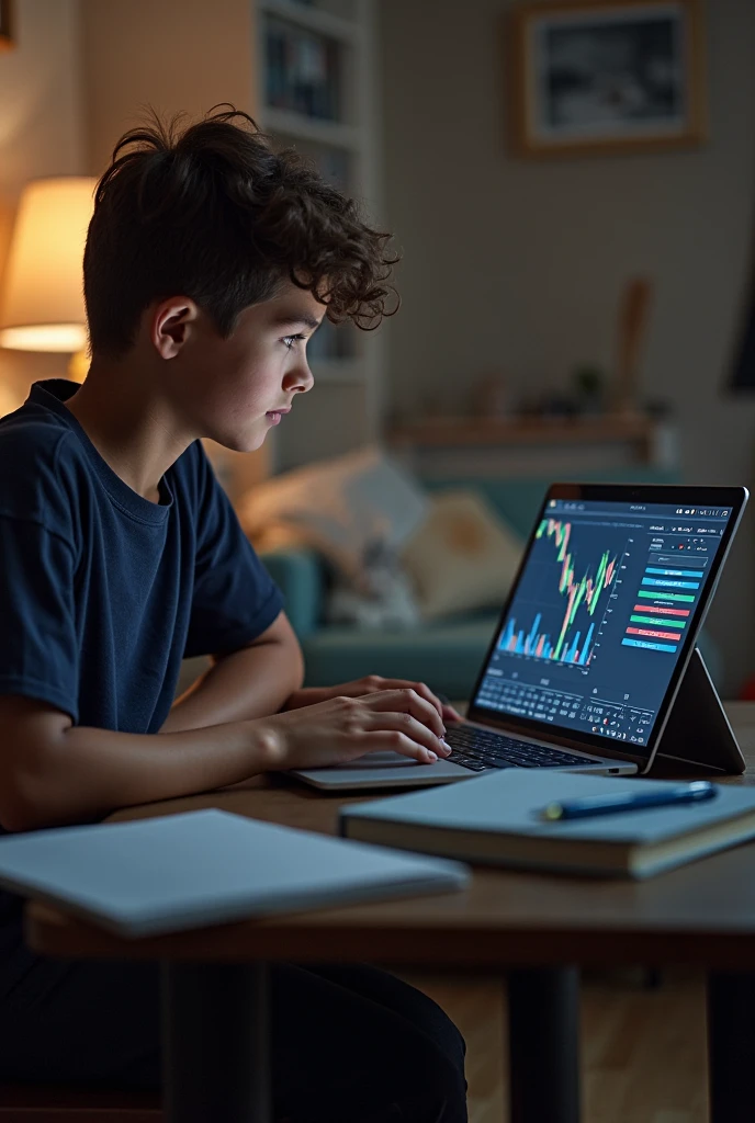 Room poorly closed，sitting in front of your expensive gaming setup, A boy, trader, 20 years analyzing graphs. Through the curtains, A ray of golden rays from the sunset glow shone directly on his face, and the photo was very hot，high qualiy, Focus Clear (mess - home: 0.8), (Masterpiece artwork: 1.2) (realistically: 1.2) (bokeh) (best quality) (detailed skins: 1.3) (details Intricate) (8k) (eye detailed) (sharp focus), (having fun) (a variety of poses) drawning