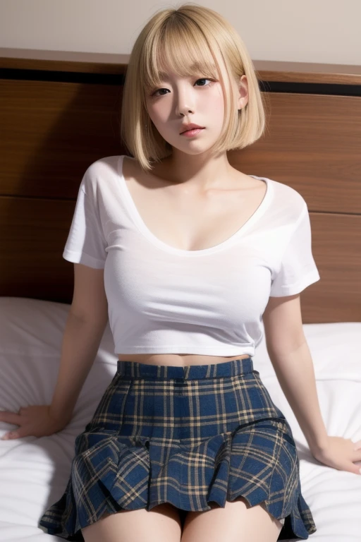 1 Girl, masterpiece,Bright, girl sitting on her knees in class,  in office skirt, Slender legs, short hair braided, blonde hair, Large thighs, big breasts, the skirt is lifted up and panties are visible, Beautiful face,