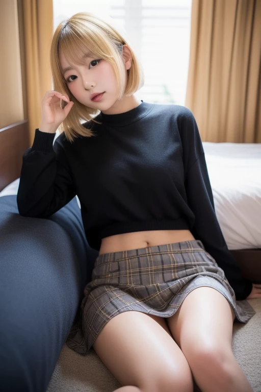 8k,Sweaters,long skirt,sitting on the ground with my knees up,,panty visible,short blonde short,loose perm on the ends of the hair