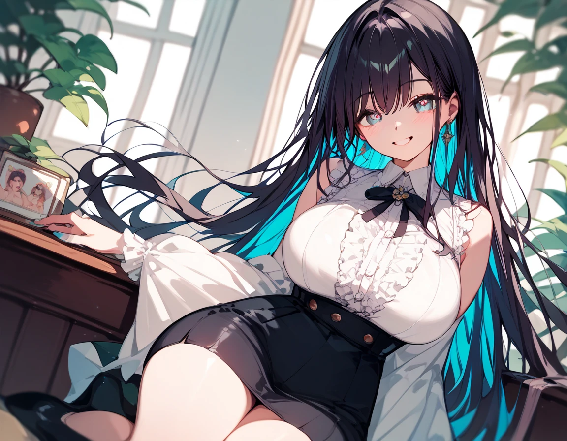 a woman, beautiful librarian, tall (1.80), sexy body, seductive body, adult body, body proportionate to her age, age around 20 years old, adult, Erina Nakiri, woman librarian, long hair, black hair, straight hair up to the back, wearing earring, silver earring, sapphire blue eyes, small nose, well-proportioned nose, aligned nose, professional face, perfect face, delicate face, extremely feminine face, passionate smile, light smile, adult woman wearing formal black dress , medieval style, black skirt, stockings and high heels, ((above average breasts)), perky breasts, promotional breasts on the body, perfect waist, above average ass, black lace fishnet stockings, office environment, sitting on a chair, inside an old library, futuristic library, with open window showing the sunset, posing from the front, looking at the viewer.