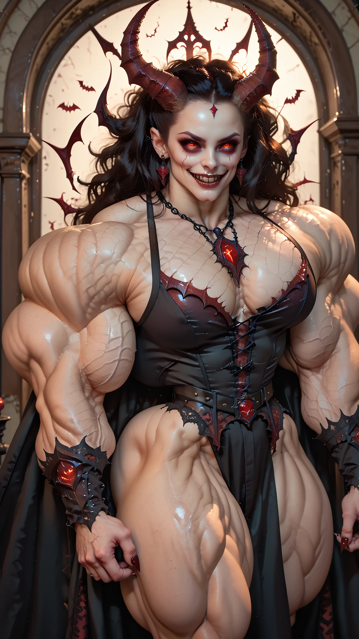 (1 girl), (spread legs:1.25), (demoness with beautiful face:1.25),(1 super muscular succubus with flayed skin:1.5), (carnage physique:1.5), (covered in thick muscle suit:1.5), (exposed perfect anatomy:1.5), (carnage muscle anatomy:1.5), high detail, best quality, masterpiece, finely detail, realistic skin texture, 85 mm art lens, f 1.2, sharp focus, 8 k high definition, insanely detailed, intricate,