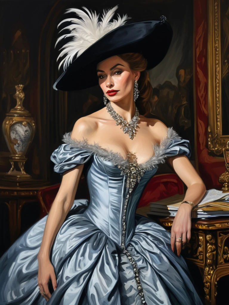 a charming woman in a decadent style, lace, face, surreal, dramatic light,cinematic fantasy impressionism, aesthetic composition, deep breath pro-style painting art, smoke.coherence detail art of Vinced Low, Van Gogh,Rembrand and Pino Daeni