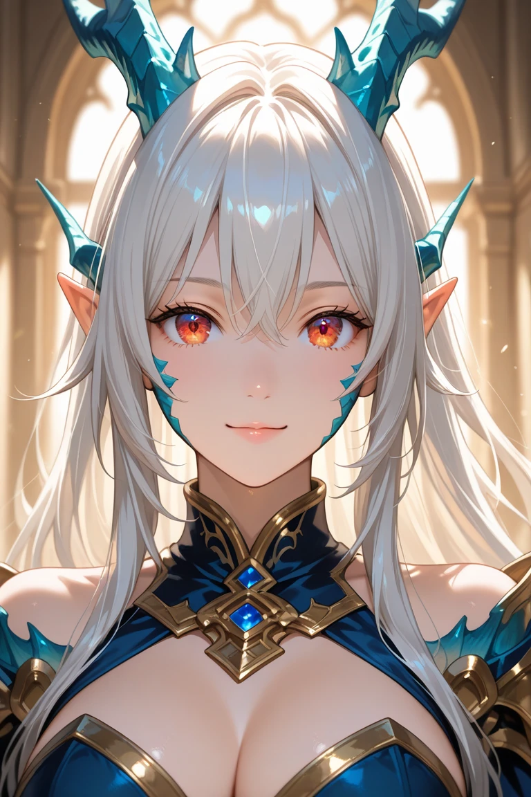 chest, high resolution, long hair, smile, blue eyes, simple background, hair accessories, Bangs between the eyes, chestใหญ่, pointed ears, Twinkling light, Fair Light, 