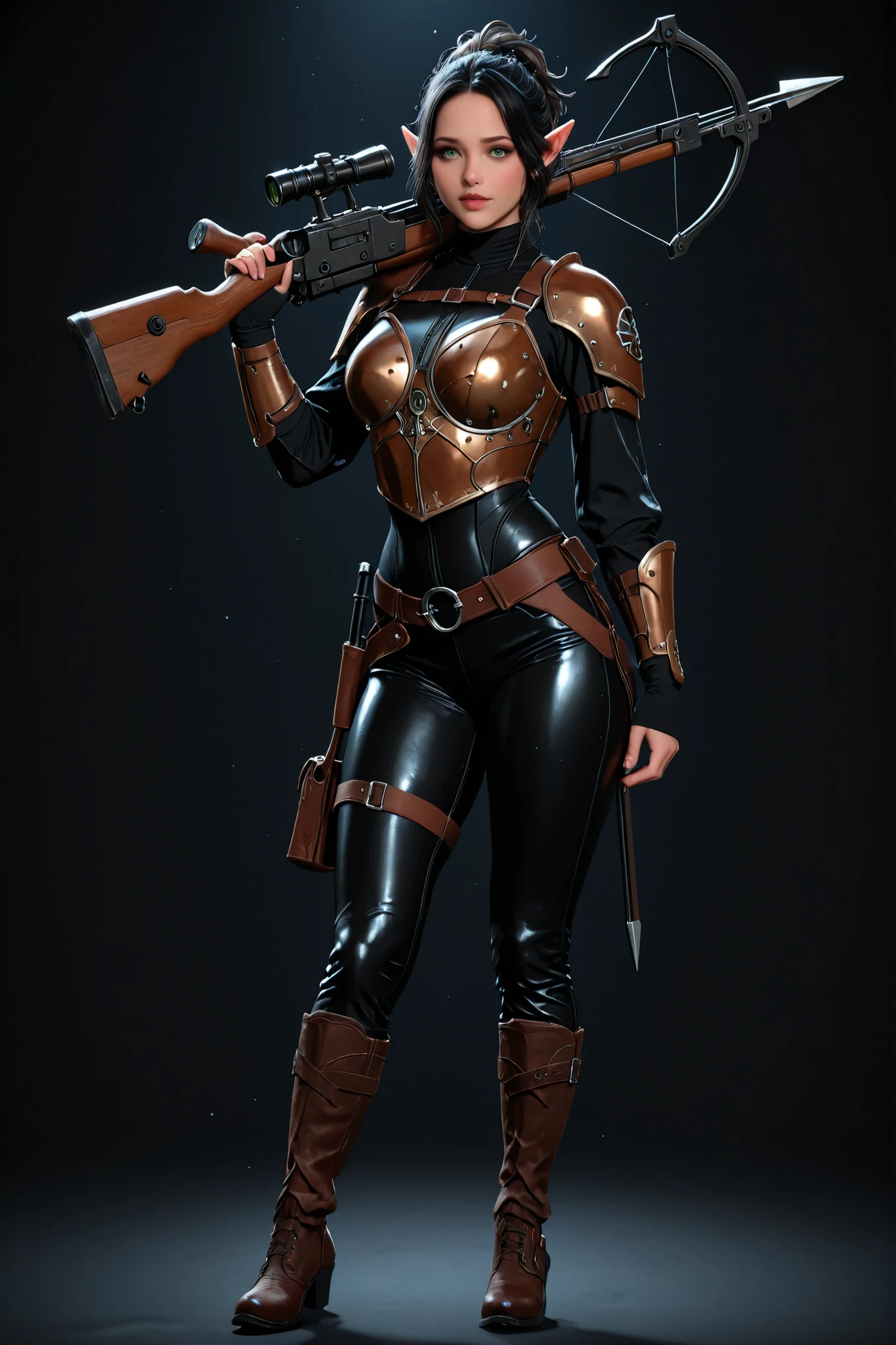 A character reference concept art in a realistic high contrast lighting with dark gothic atmosphere style in a frontale view full body shot standing in A-pose with simple dark background. The character is a female elf ranger, fit curvy body shape busty and mature body, medium hight, 170 cm,perfect beauty face features of Alexandera Daddrio, black medium hair with bangs and ponytail in messy hairstyle,green eyes expressing seduction, wearing brown leather straps light armor, shiny iron breastplates and plaudrond over leather bodysuit, leather boots, black leather pants holding over shoulder a wooden crossbow in one hand
