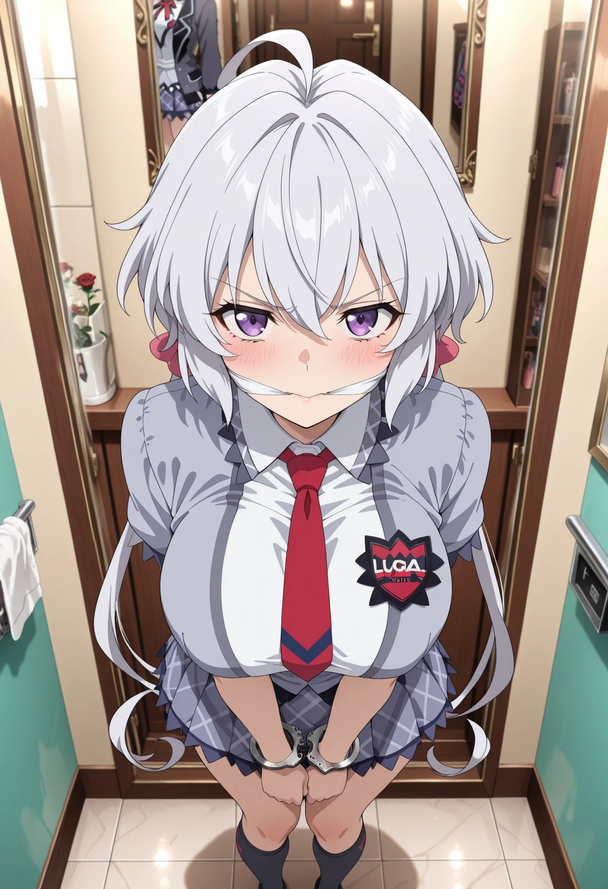 Score_9, Score_8_up, Score_7_up, Score_6_up, Score_5_up, Score_4_up, source_anime, anime style, anime screencap, 1girl, midori fuse, long hair, ribbon, purple eyes, hair ribbon, white hair, white cat ears, cute, pants pull, panty pull, cleft of venus, embarrassed, pov