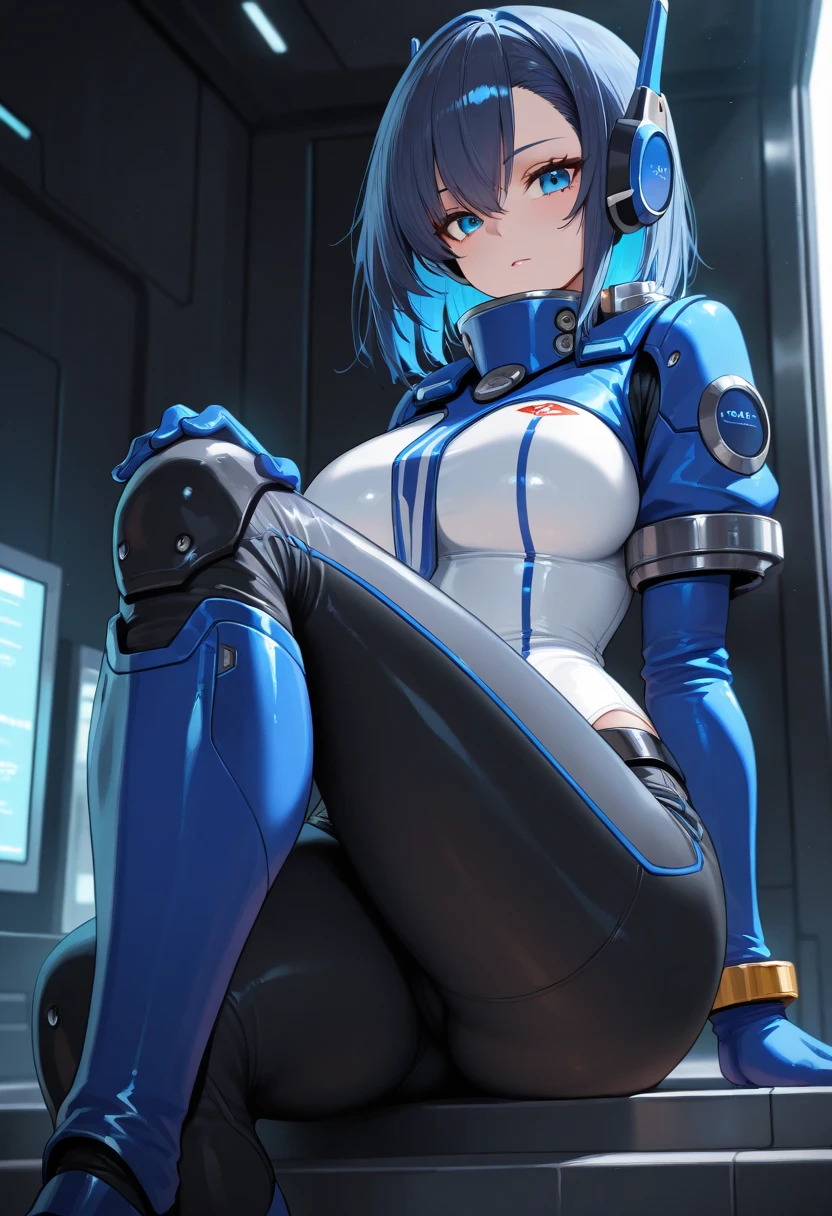masterpiece, highest quality, highest resolution, clear_image, Detailed details): (alone, lonely girl, Japanese face, Blue-haired girl, short hair, full body figure, large size of breasts, Glowing blue colored eyes, White and blue pilot suit in metallic tones, black color, tight fitting clothes, clothes that cover the whole body, beauty, A body of about 70 kg, exoskeleton, knee boots, heroine, On your back, spread legs, Arm-length gloves, headset)
