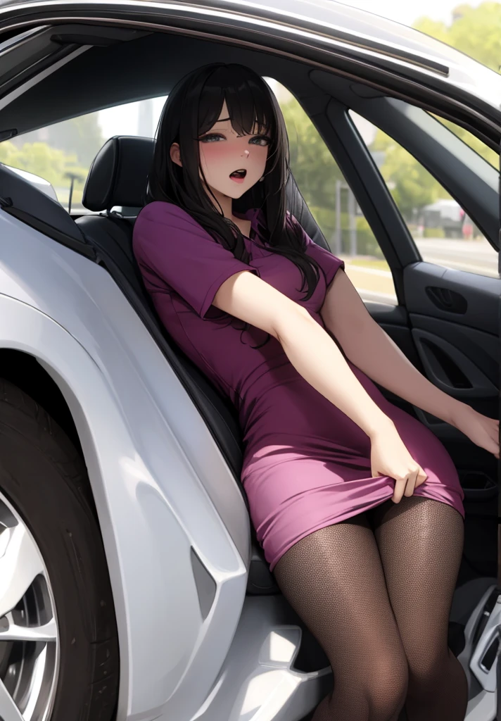Girl Bodyguard, horny, very beautiful, bare chest, in the back seat of the car, in a tight skirt, stockings, legs on show, shows stupas, Not a happy face, Hands Tied, naked pussy, Legs up, legs folded in place, legs tied with rope