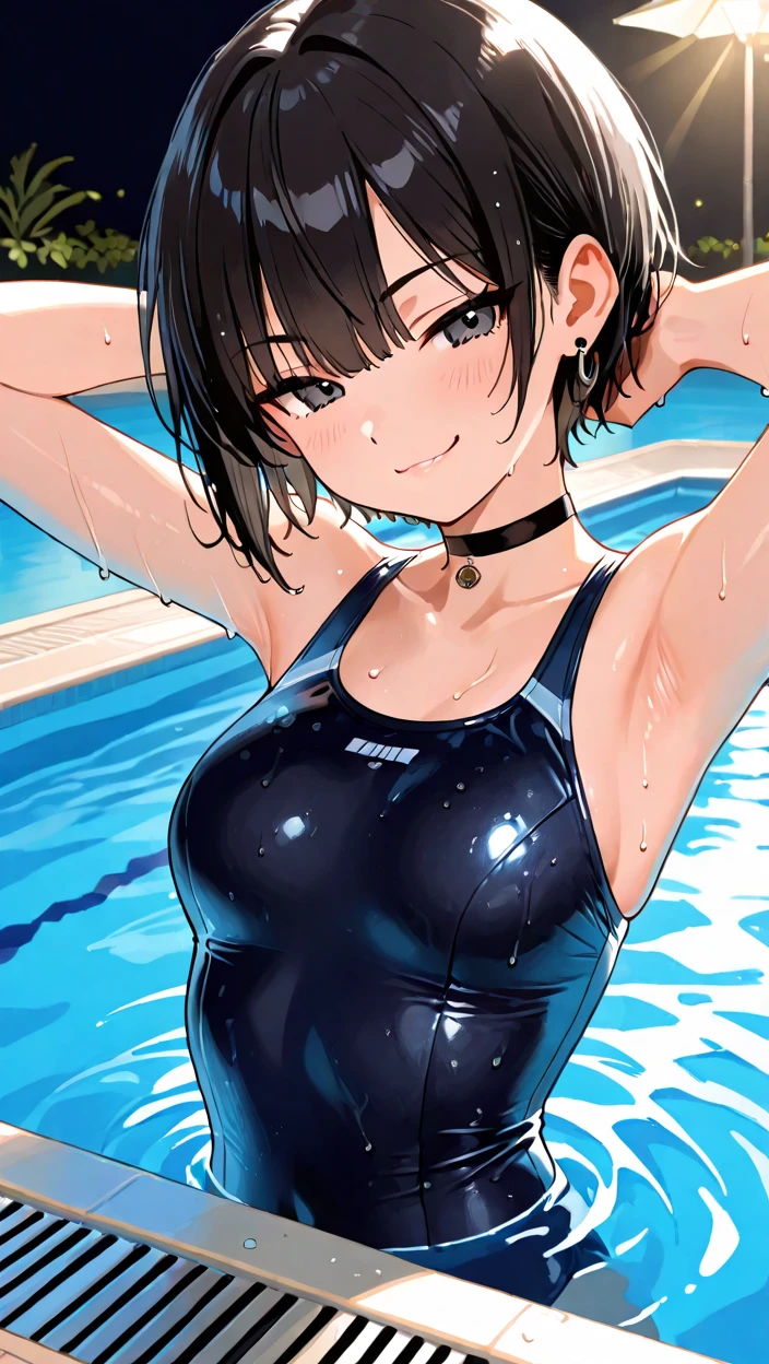 Detailed hair, detailed skin, detailed fabric, detailed eyes, detailed lips. Brown haired young woman, beautiful, bob hair, brown eyes, small to medium breasts, smiling, see through thin sleeveless one piece swimsuit, wet, perky nipples, cameltoe, nervous smile, Tokyo, nervous, blushing, embarrassed, exhibitionism.