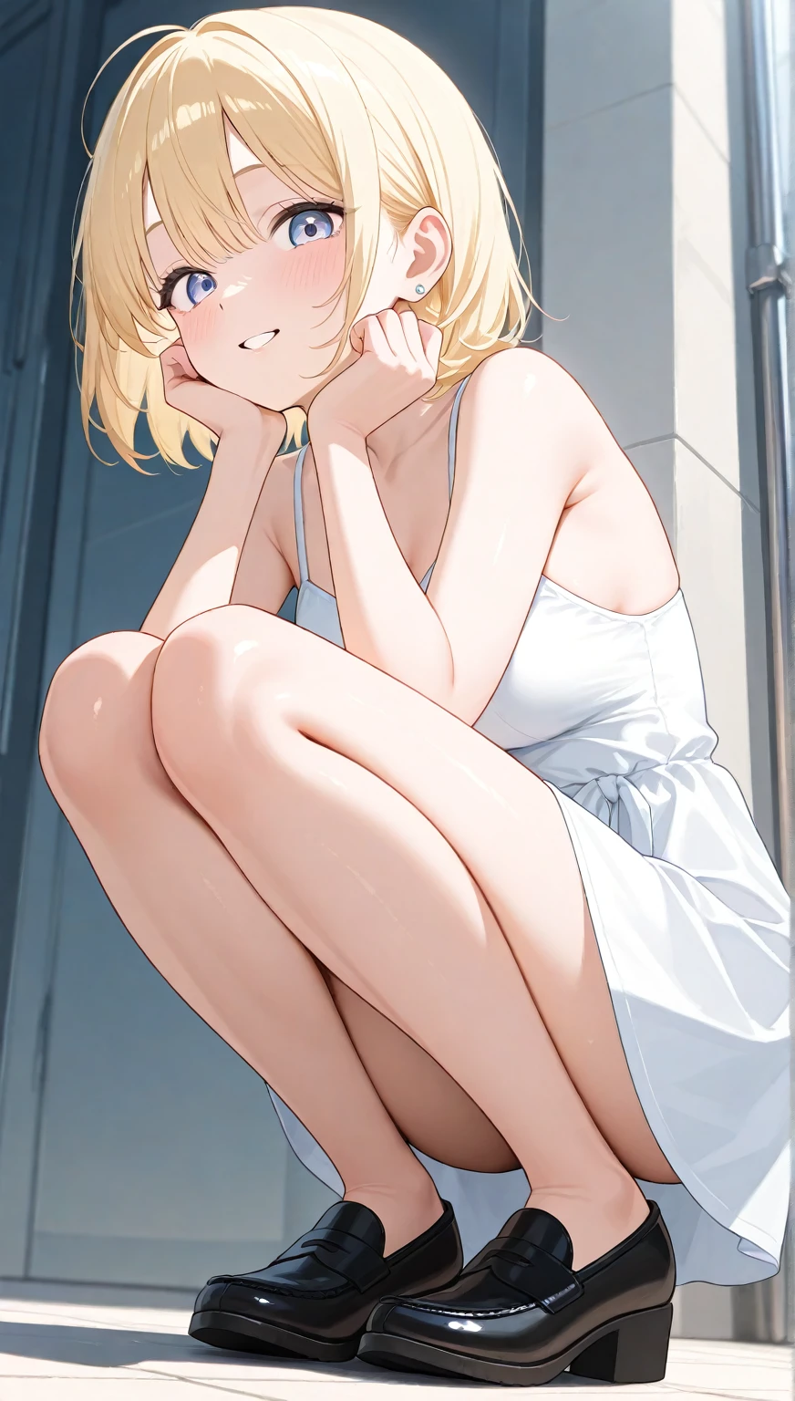 [high quality, 最high quality], (cinematic), From the side, 1 girl, alone, sitting, black hair、blouse、shorts、smile、 hanging shoes, no socks, high heels, shoes removed, (bloom, HDR), (Depth of the bounds written)