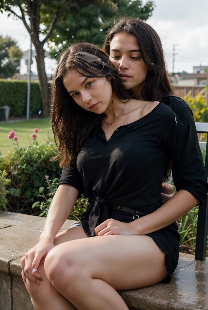 Portrait of an 18 year old, cute 2 teen, two girl hug, full body shot, small breast, pubic is hairy, hairy vagina, full naked, dark colored nipples, seductive pose, face looking to camera, small vagina, small pussy, natural skin textured, full body photo of naked turkish girl, full nude, showing all body, face looking to viewer, at front of beautiful park, in the morning, look at viewer showing very pitiful face asking for forgiveness, (cinematic:1.3), intricate details, (ArtStation:1.2), beautiful trimmed hair, straight hair, naked, nude, black hair