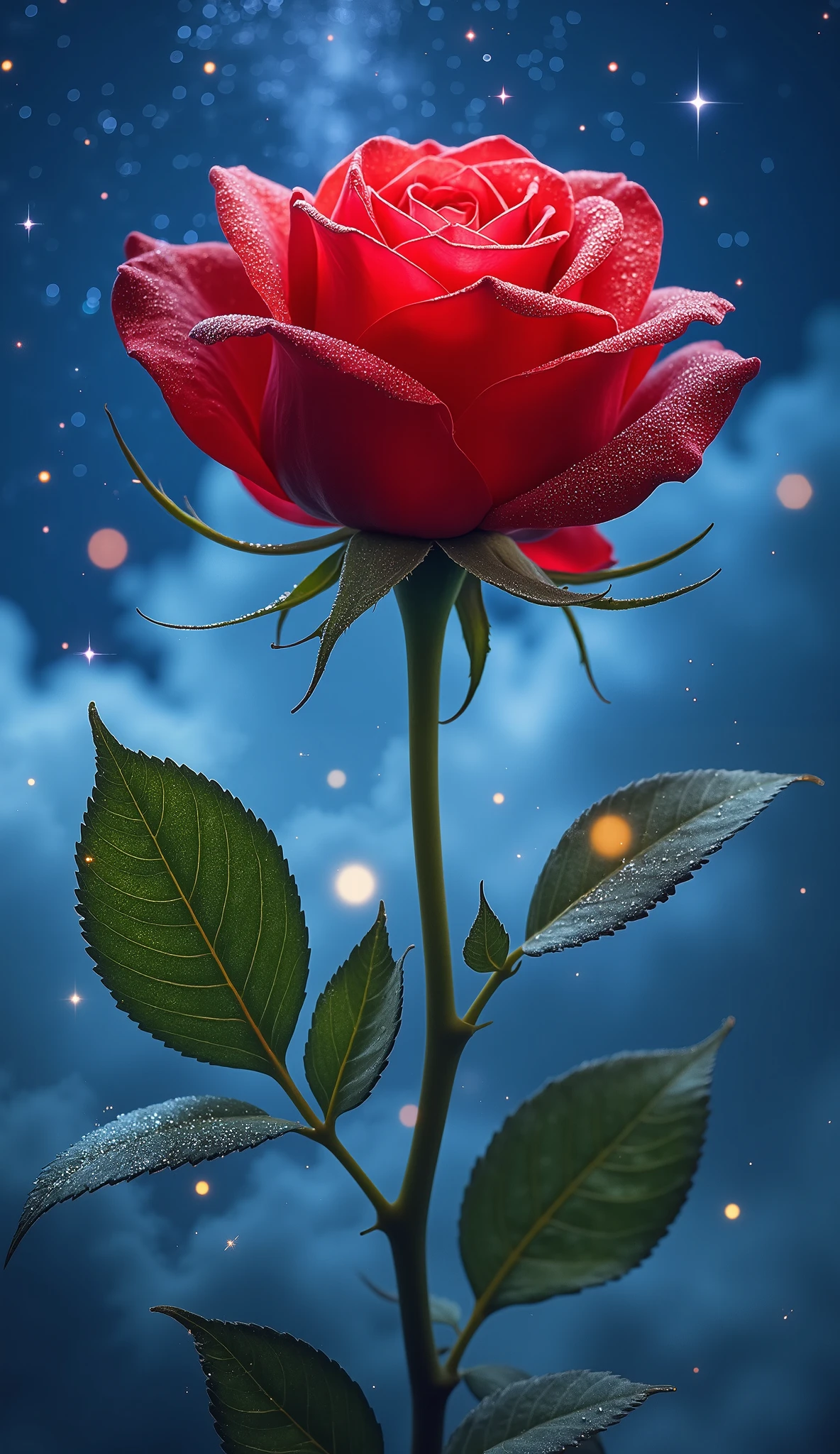 ((ONE BIG ROSE)), ((on a magical cloudless blue sky background with glowing stars)), ((the lush rose leaves are positioned high and close to the bud)), a stunning realistic perfectly bloomed red rose of royal varieties, standing upright and centered, (the rosebud is slightly above the middle of the frame), (velvet petals covered with tiny brightly shining diamonds), (natural green leaves with tiny brightly shining diamonds), soft lighting, high contrast, sharp focus, ultra detailed, vibrant colors, cinematic atmosphere, dreamy and peaceful mood, fantasy touch, 9:16 vertical composition, professional studio quality.