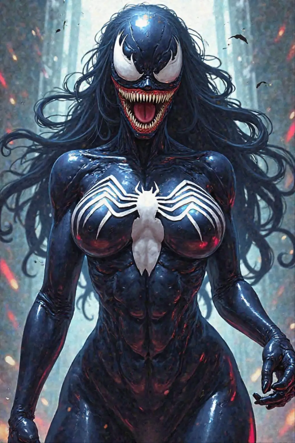 (((Simon Bisley))), (((Frank Frazetta))), ((((absurdists))), (((best quality))), (((masterpiece))), voluptuous, curvy-muscular, 18-year-old muscular Venom-girl, possessed by the symbiote, detailed black slime symbiote, particles fragments and pieces of black symbiote v coming out of her and around her and suspended aura,majestically, venom symbol, very taut symbiote, perfect and proportioned body, dark-skinned, stunning ebony badass look, long straight hair, turned muscles over symbiote, turned symbiote, lots of heat, she's sweaty and her black skin glows under the scorching sun, coarse armor on her left arm, city night from skyscraper