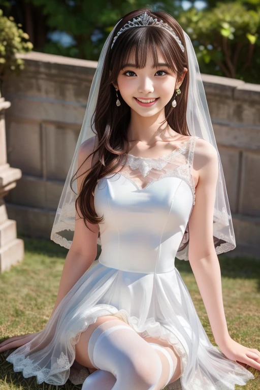 (8k, RAW Photo, Best Quality, High Resolution: 1.1), (Surreal: 1.4), (Realistic, Realistic: 1.3), Soft Light, Girl, Realistic Face, Realistic Body, Realistic Skin, Ridious, Masterpiece, (Cute: 1.8), Cute, Solo, (: 1.2), Detailed Black Eyes, Innocent Eyes, Blush, (White Wedding Dress: 1.2), (Conservatively Dressed), Lace Trim, Garland, Jewelry Crown, Movie Light, Film Granules, Jewelry, Earrings, ( White suspender translucent stockings), ((medium hair: 1.1)), ((floating hair Nova frog style)), cherry lips, headband, hair bow, ponytail, viewer, long hair, open lips, upper teeth, (smiling eyes: 0.6), (grin: 1.2)), depth of field, blurred background, eye focus, bokeh, young, 85mm lens, f/1.4, professional lighting, young, photon mapping, radiosity, physically based rendering, braless