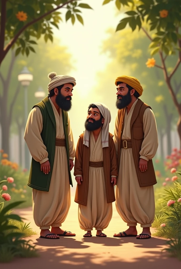A middle-aged man and a young man and two ten-year-old boys are going together for Eid prayers. 
They wear Punjabi pajamas and caps. 
The scene will be next to the Eidgah grounds.