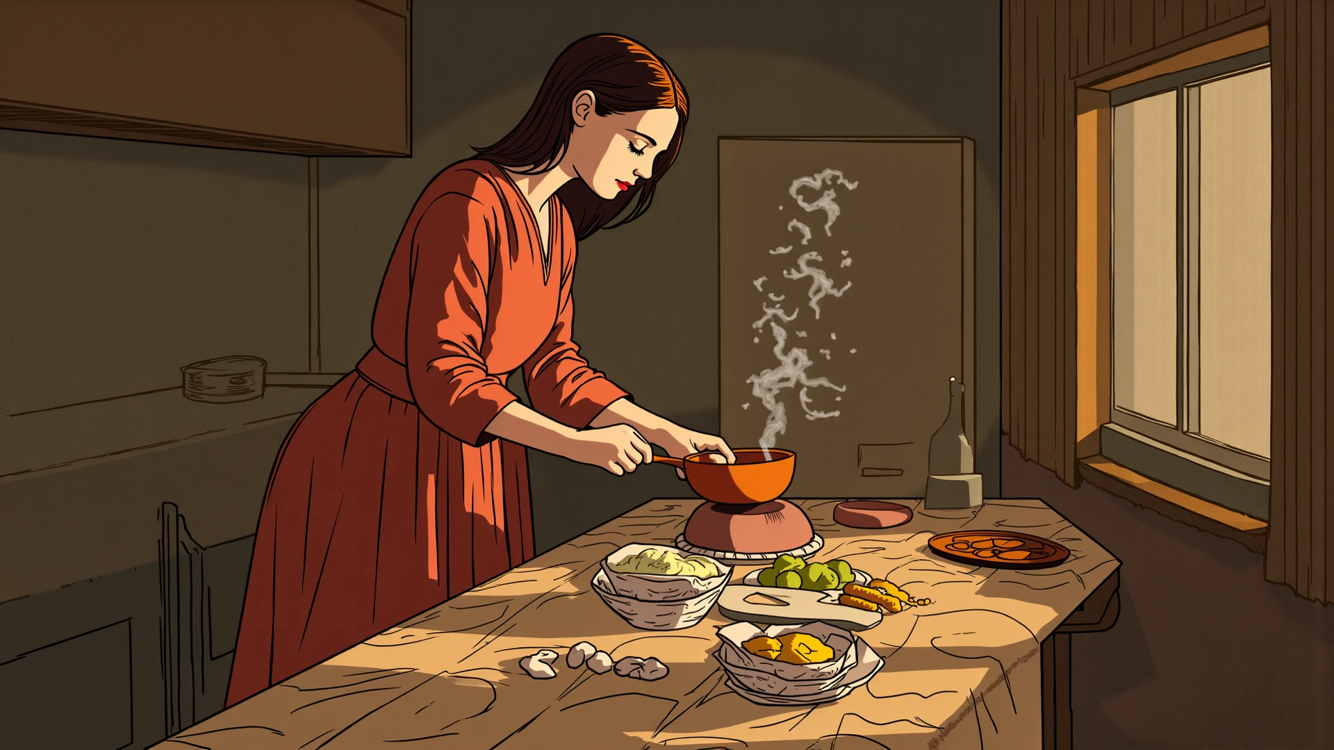 1girl, 35yo, mature, redhead, sorceress, Triss Merigold wrapped in a bath towel, standing inside a tent, daylight coming from open door to her face