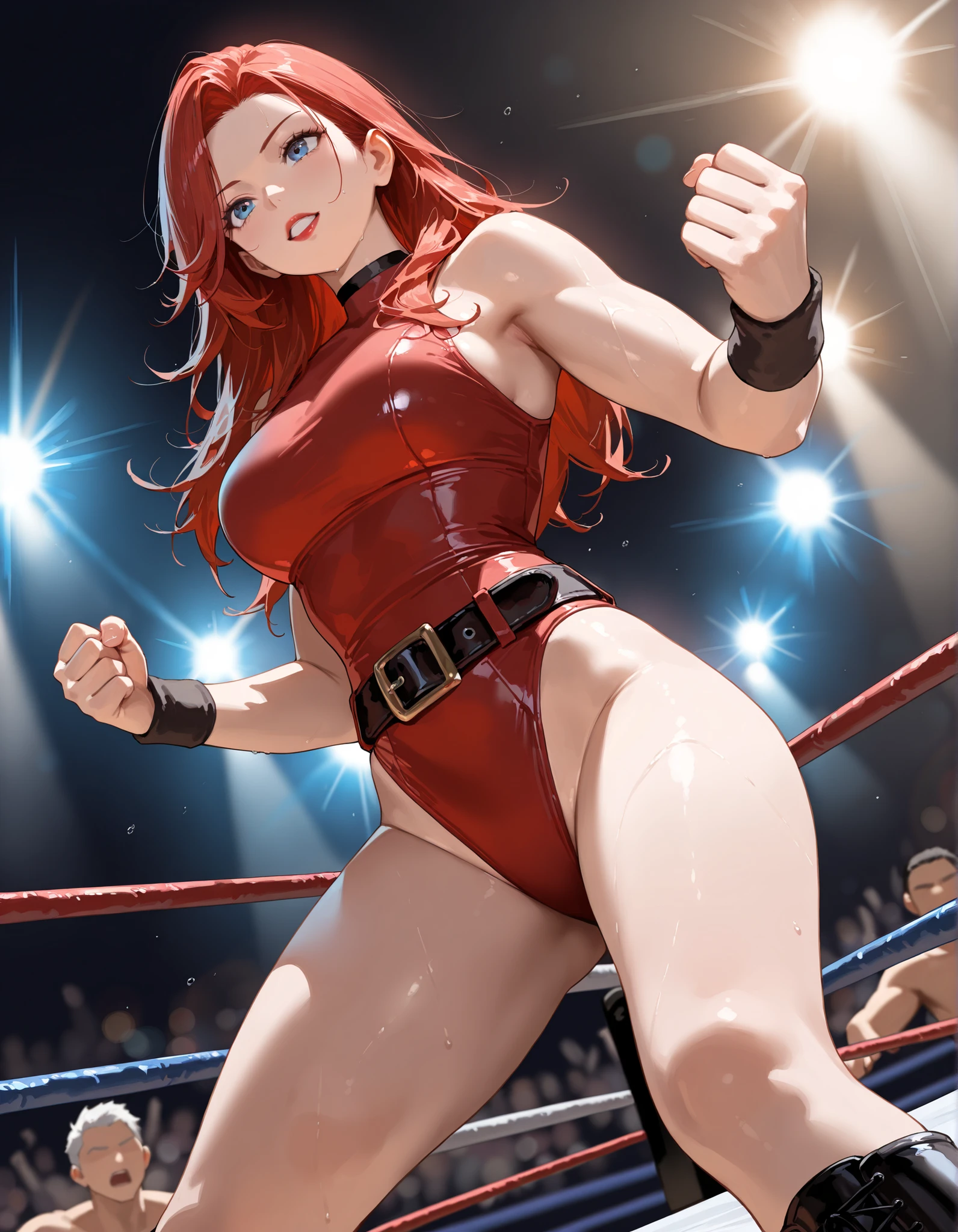 professional female wrestler、a beauty girl、huge tit、Kawaii Girl、Longhaire、poneyTail、Red-haired、Tying hair、Ring Costume、The bikini、globe、knee boots、Nice Buddy、well-muscled、abdominals、full body seen、Match venue、Admission during、Wearing sweat、Sweaty skin、wetted skin、Brown skin、、is standing、Ready、Confident々Smile