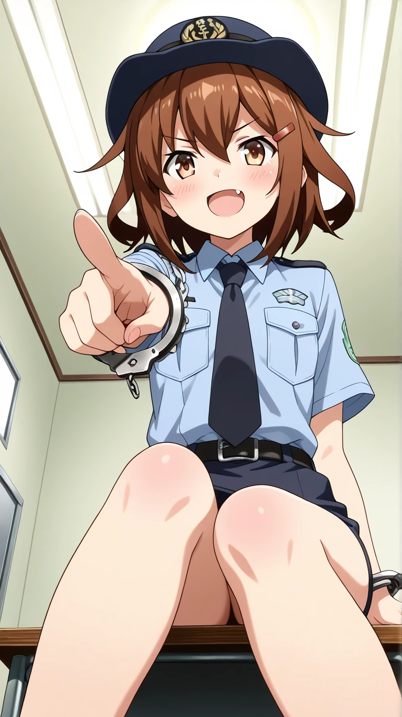 A Female mechabare robot exposes her inside mechanic organ, spread legs, nude, banzai pose. she wears no dress. Her Brown short hair is tied with two big red clothespins, She lifts up the under hem of her white plain dress, leaning over, masterpiece, very short pigtails,brown hair, mature, android, blue eyes, full body figure, Height: 160cm, flushed cheeks, 2020s anime picture, A beautiful robot with short brown hair in two short pigtails held up by two very large huge red clothespins, Uplifting, No NSFW, whole body, barefoot, archaic smile, getting orgasm, 25 years old, sweat bucket. short sleeve shirt, pleated skirt, skirt lift, no panties, genitals visible, full body shot, sexy face. between mirrors, floating hair, looking away. She wears hot pants. She has broken hardly by enemy.