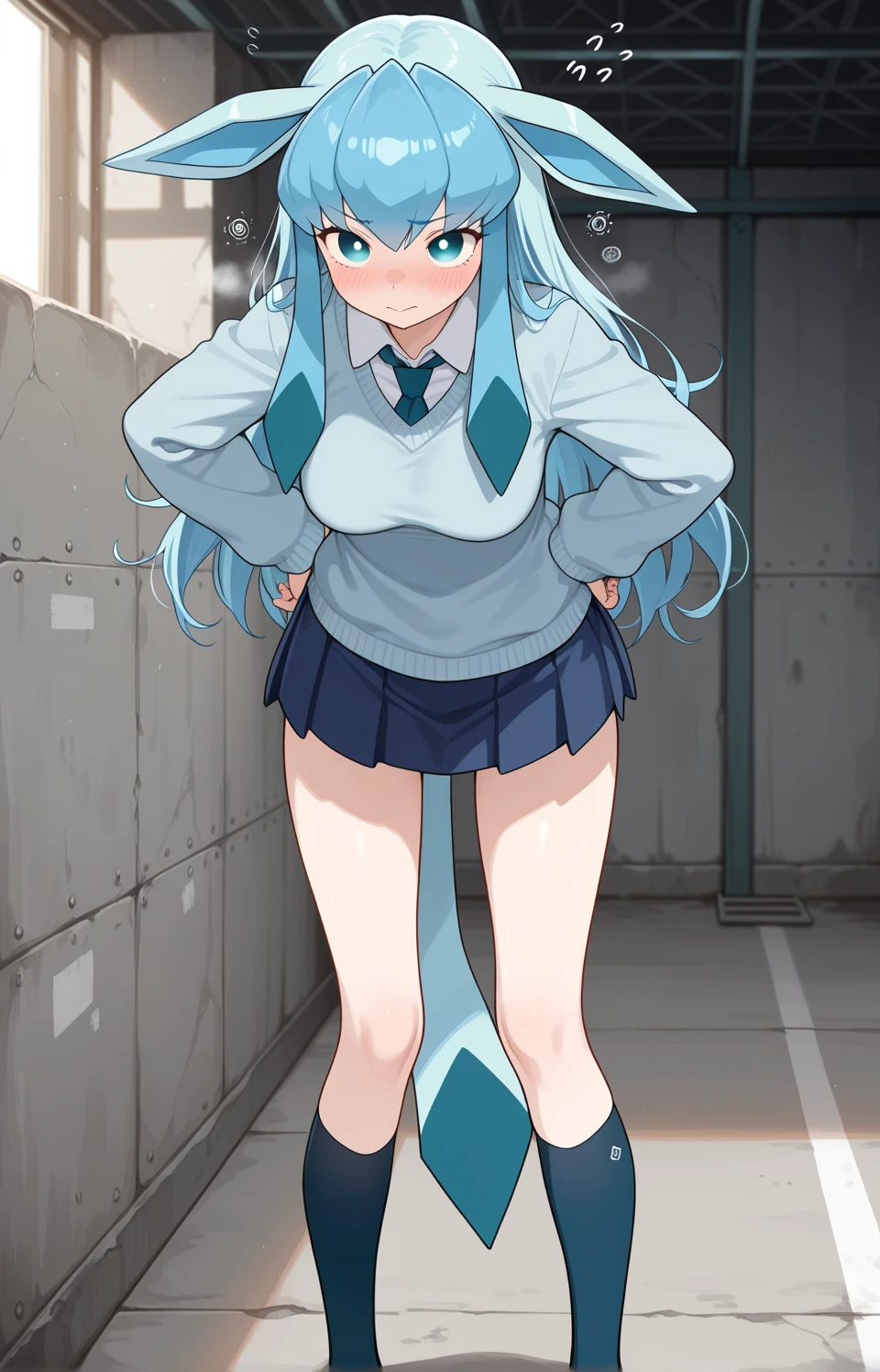 1girl, solo, ((chibi)), (big head),Konata Izumi from lucky star, green eyes, blue hair, long hair,((skin tight leotard, latex leotard, blue leotard, long sleeve leotard, highleg leotard, bare legs, blue boots)), ((swimsuit aside, leotard aside, thick pussy, exposed pussy)), skinny, full body, sitting on bench, spread legs, short, flat chest, anime screencap