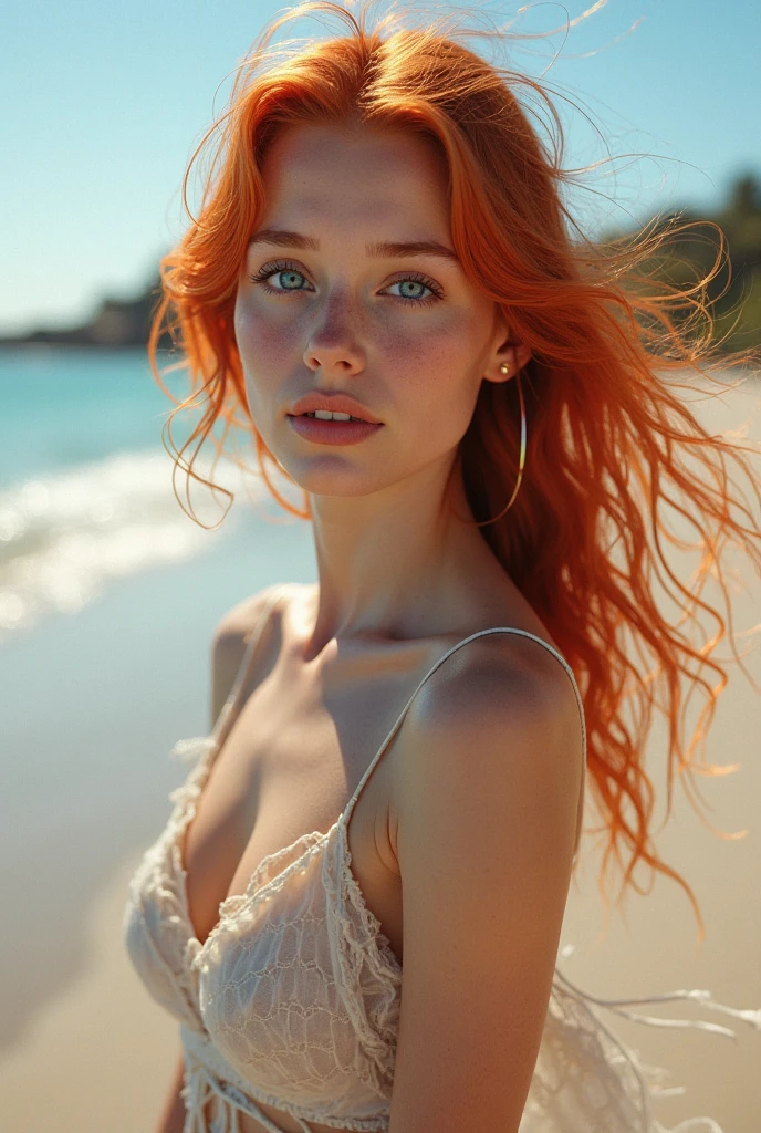 A beach girl, red and wavy hair, blue colored eyes, Caucasian skin, angelic and attractive appearance 