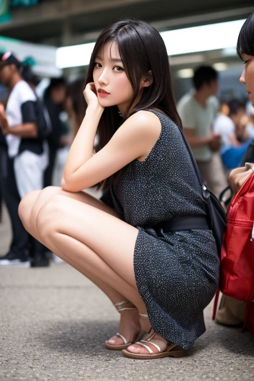 ulzzang-6500-v1.1, (original photo:1.2), (lifelike:1.4), Beautiful and delicate Japanese girl, Very detailed eyes and face, beautifuldetailedeyes,Slim_Legs, Slim_hip, absurdes, Incredibly ridiculous, huge filesize, Super detailed, high res,A Masterpiece,best qualit,Intricate details,highdetail,Clear focus,Detailed skin,photorealistic skin texture,texture, ((Wear a short Gothic dress,boot)), illustartion, RAWExtremely detailed, CG, unity, 8k wallpaper, striking, detalhes finos, A Masterpiece, the best quality t,an ultra realistic, Photo realism, 8k uhd, Very detailed CG unified 8k wallpaper, light on face, Cinematic Lights, 1girle, Age16, all body,Long black curly hair,European medieval street background on left, (crowds:1.2),((dinamic pose:1.4))), ((all body,Strike seductive poses))),