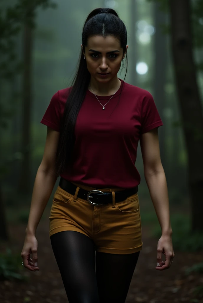 create an image of a woman in forest, wearing red  to and black jeans, sexy, the forest should look very realistic, the woman should look like a hunter, 4k digital, slightly anime style