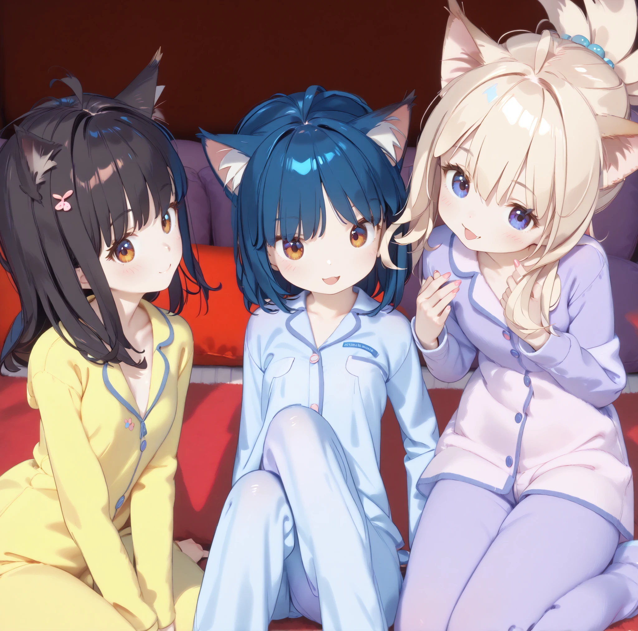 ((masterpiece, High Quality, high resolution, 8k, 4K)),Beautiful girl3人、Beautiful girl、Cat ears、cat tail、、flat chest、young limbs 、Pajamas、cute、bedroom、Play、Fun、Smile Yan、3 people shoulder-to-shoulder、Pajamasパーティー、3Good friends