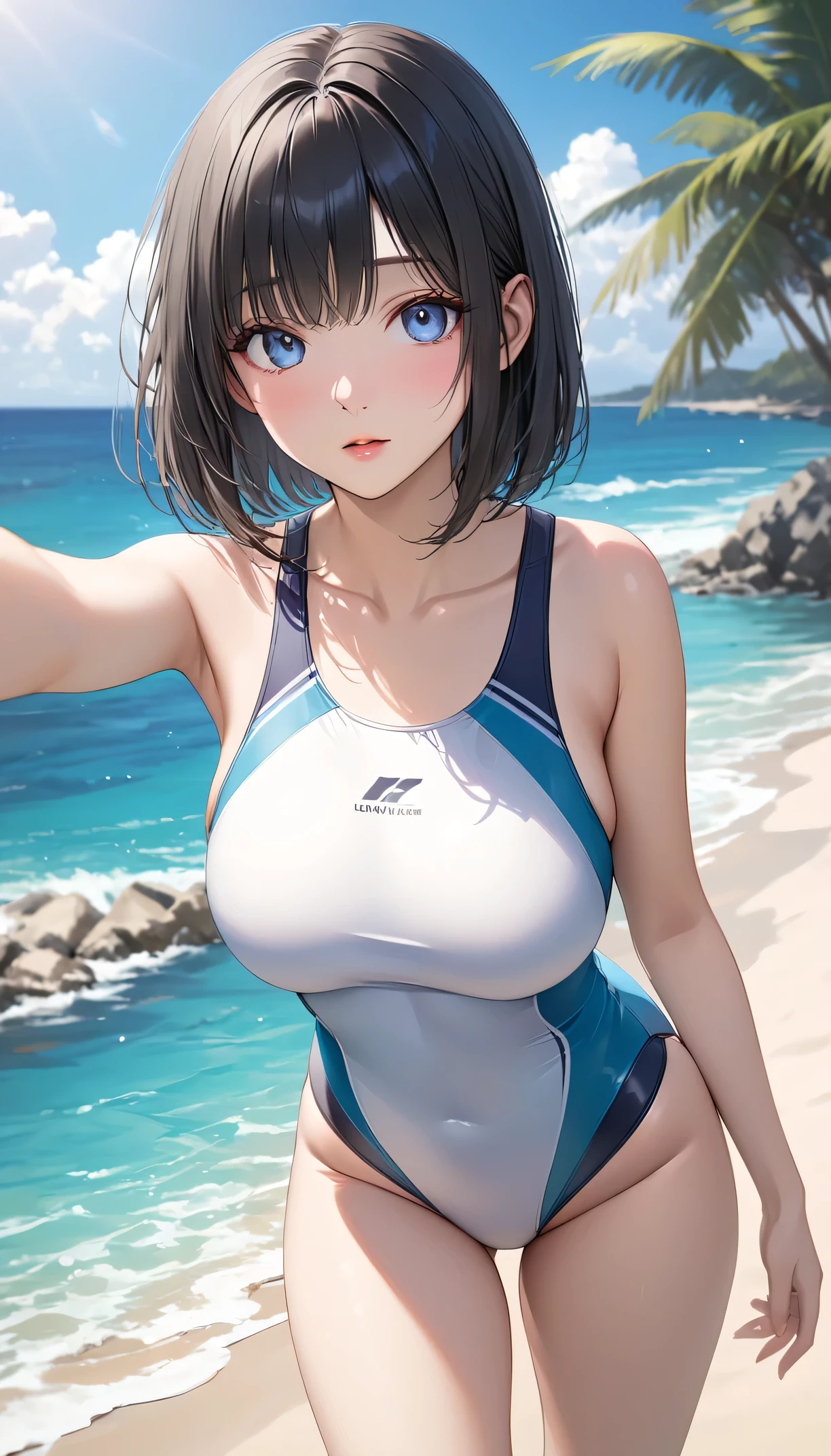 masterpiece, ultra-detailed, best quality, extremely detailed, 8k, high res, realistic, 1girl, 18yo, beautiful girl, (half closed eyes),(narrowed eyes:1.2),(open mouth), (blush:1.2),(competitive swimwear:1.4),blue beautiful eyes, medium bob hair, (asymmetrical parted bangs), (dark blue beautiful hair),BREAK, looking at viewer,white background, full body