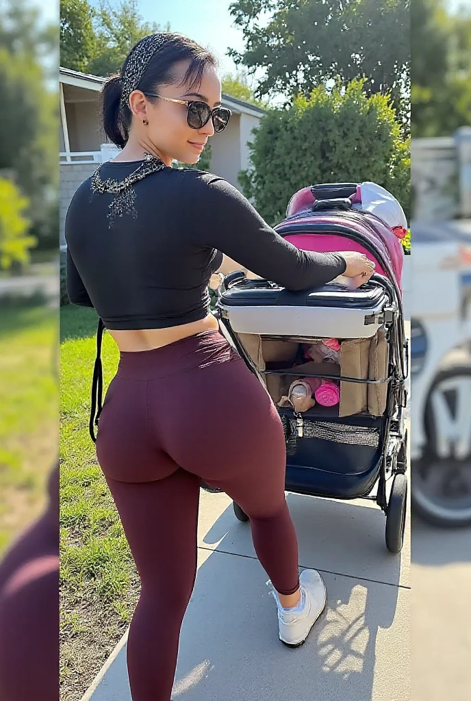A beautiful Japanese woman in her 40s walking while pushing a stroller, beige knit, (t-back:see through white miniskirt:0.3), Realistic, Realistic, Realistic body shape, Very detailed, highest quality, 8k, Sharp focus, High resolution, Ideal ratio, pantylines, wrinkles skin, back view, from below