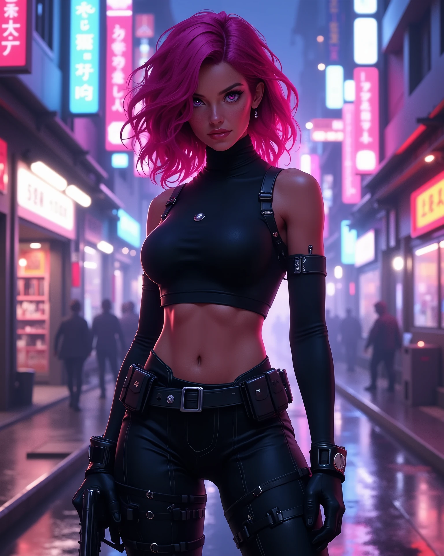 A beautiful female action game character with magenta-sh red hair, and big piercing violet colored eyes that look into your soul, she is wearing a black boob-tube bodysuit (open stomach), and gun holsters on her thighs, she is standing in an action pose on a futuristic, neon-lit street at night, she is the center of a close-fit framed shot, sexy future soldier, digital art, Art Station "digital artwork of the year" winner