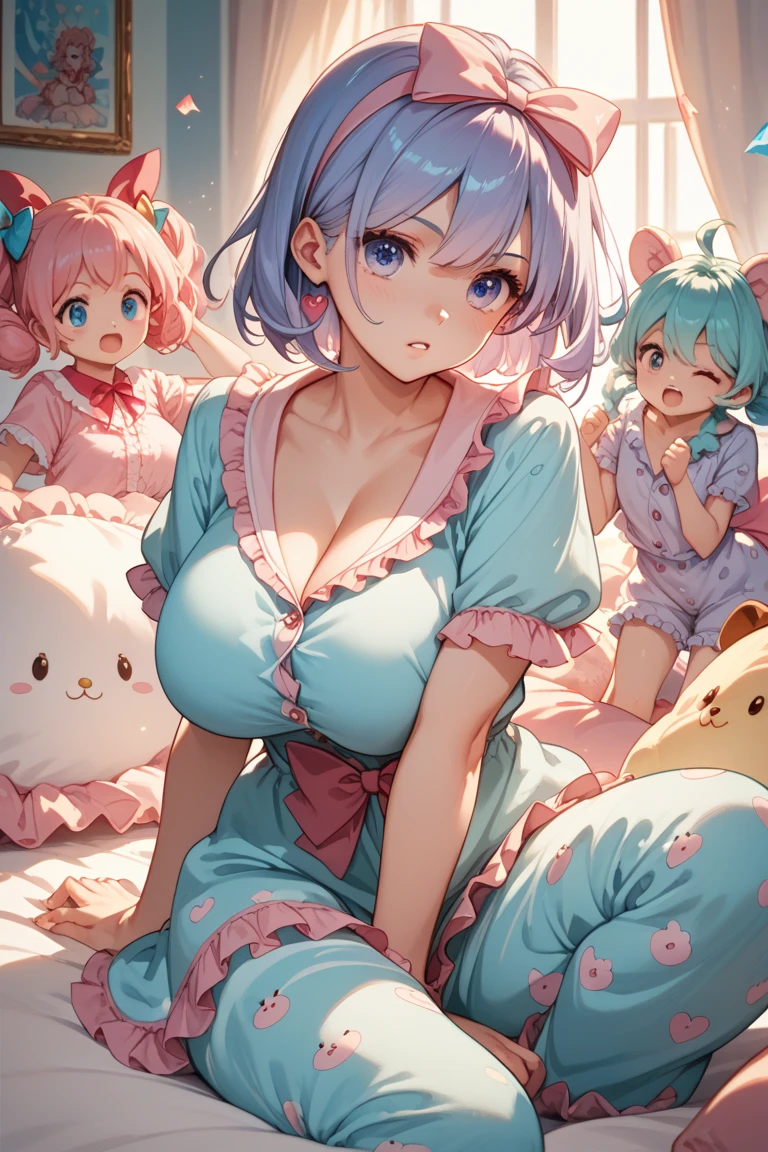 nsfw,((One Man and Two Women,Having sex)),lying down,Lift both legs,Sex,Light blue hair,Light pink hairstyles,Cat ear,Pink Eyes,light blue lolita,White socks,,Pink ribbon,Open Mouth Smile,Best image quality,Highest quality