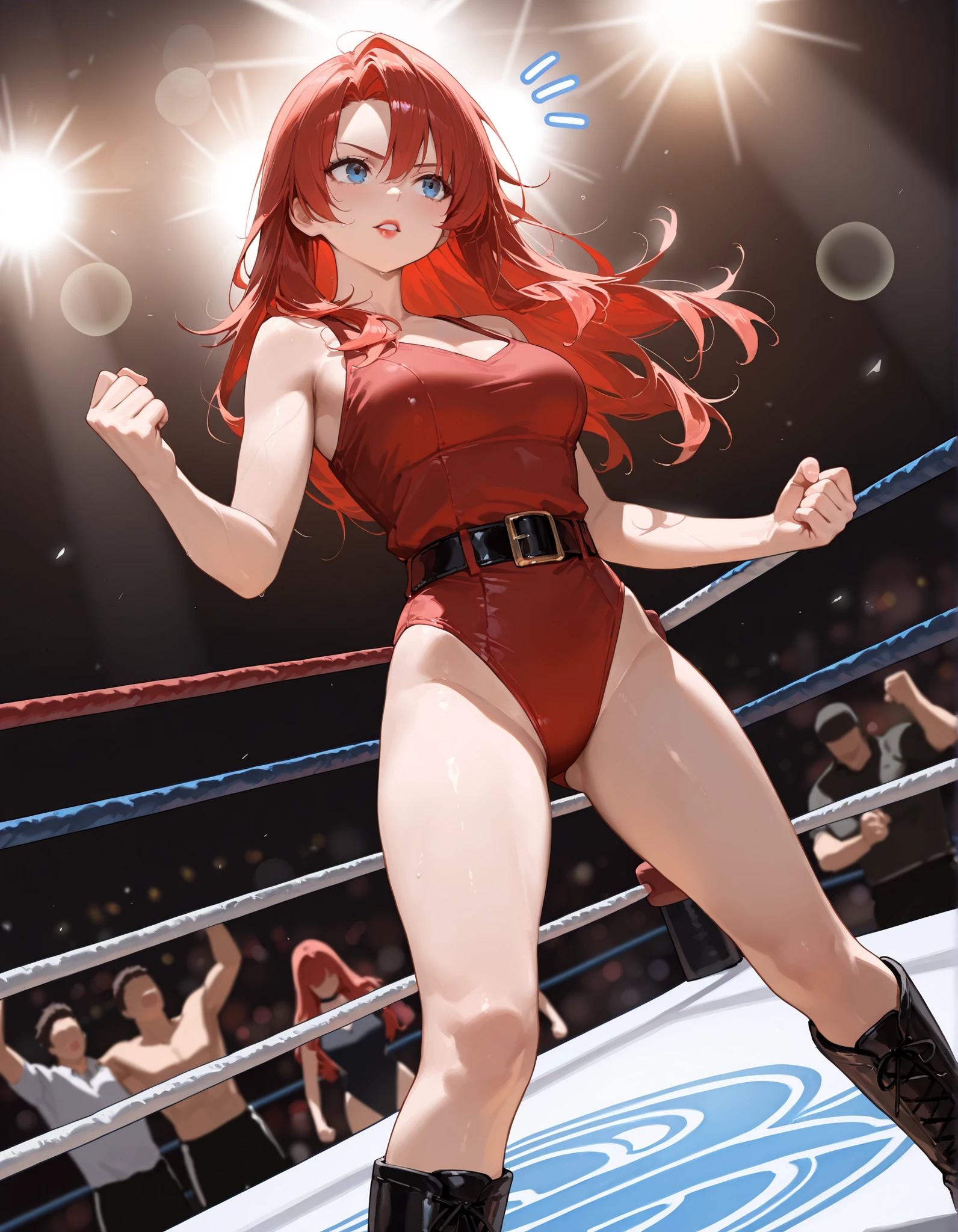 lacus4, (red bikini, running, thong, thin girl, masterpiece, cowboy shot, very slim shoulders, 4K, Best Quality, Anime style: 1.9, happy, Adult Woman, (ultra detailed head), (wrestling arena with crowd, cloud background), Drawing lines, high resolution, lacus4), 1girl, Solo, curvy figure, Long hair, clavicle, scapular, (Detailed wide hair bangs, Hair Ornament, Detailed reddish-pink hair, shiny streaks, slim arms, detailed golden crest), cleavage, large hands, (hair cover shoulders). (Big blue eyes, shiny eyes), ((female wrestler, (slim body), slim arms, closed fists, thighs)), ((perfect proportions, medium-small breasts, medium thighs, long belly)), ((totally red bra)), smile with a wink, (standing, hot colors), detailed fingers, (bare shoulders)