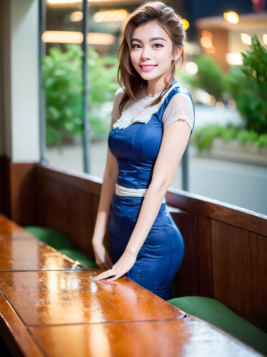 (((fifties style striped pattern waitress costume))),(((show panty))),(((bare inner thigh))),(((Show cleavage))),(((pastel colored socks pumps))),ulzzang-6500-v1.1, (Raw photo:1.2), (Photo realistic:1.4), a beautiful detailed girl, extremely detailed eye and face, beautiful detailed eyes, ultra-detailed, High resolution, top-quality, masterpiece, highly detailed, 8k wallpaper, Wonderful, finely detail, top-quality, (retro pop diner), Beautiful eyes, smile, Opening Mouth