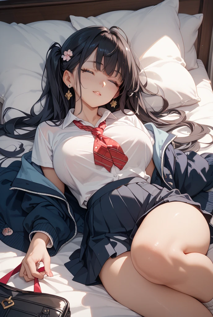 ((Browsing Caution:1.4, masterpiece, highest quality, High resolution, 超High resolution, Perfect Pixel, Depth of written boundary, 4K, RTTX 10.0, High resolution))), (One girl:1.3), single, alone, she, Beautiful Anime Girls, Beautiful art style, Anime characters, ((Long Hair, bangs, Dark brown hair, Curly Hair)), ((Beautiful eyelashes)), ((Detailed face:1.2)), ((Smooth texture:0.75, Realistic texture:0.5, Anime CG Style)), ((Beautiful and large breasts, Cleavage)), indoor, Bedroom, Perfect body, Slender body ((Sleeping in bed, (lying on one's back:1.5), sleepy, close your eyes, Lying in bed, Sleeping pose:1.2)), (Natural light, Reflection of light, Morning Scenery),(Open your mouth wide:1.3)), (Put one hand in your panties:1.8), fingering, (Pussy juice:1), (Perfect hands, Perfect Anatomy, Exact number of hands), sexual pleasure expression, Hold your pee、Patience is the limit、On the brink of climax, Short Bob, (One hand kneading the chest:1.3), ((blazer:1.3), White shirt, Check skirt, (Red ribbon at neck:1.4)), (sheのシャツは胸元が開いている, Stylish pink bra:1.2), (The skirt is flipped up, Pink side-tie panties:1.2)
