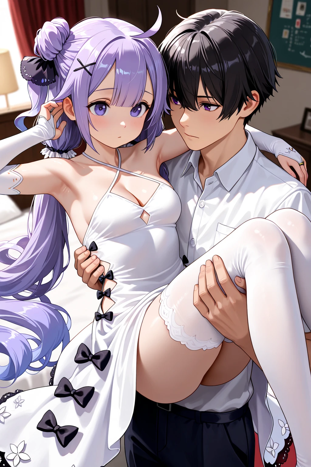 Couple, (1 boy and 1 girl), (1 boy) anime character, long Purple hair, purple eyes, black eyes, tall, wearing a short-sleeved violet shirt, black trousers, short open purple jacket with black sleeves, brown sandal boots with white socks, handsome, purple hair, (1 girl) anime girl with fox ears and tail, anime moe artstyle, seductive anime girl, wearing dark purple bodysuit under a short lavender kimono, sexy anime 8K, purple hair with black highlights, purple eyes, light purple zipper, purple high thighs stockings, sexy anime girl, large boobs, pretty anime girl, tits out huge purple fox tail, sleeping with each other under moonlight,