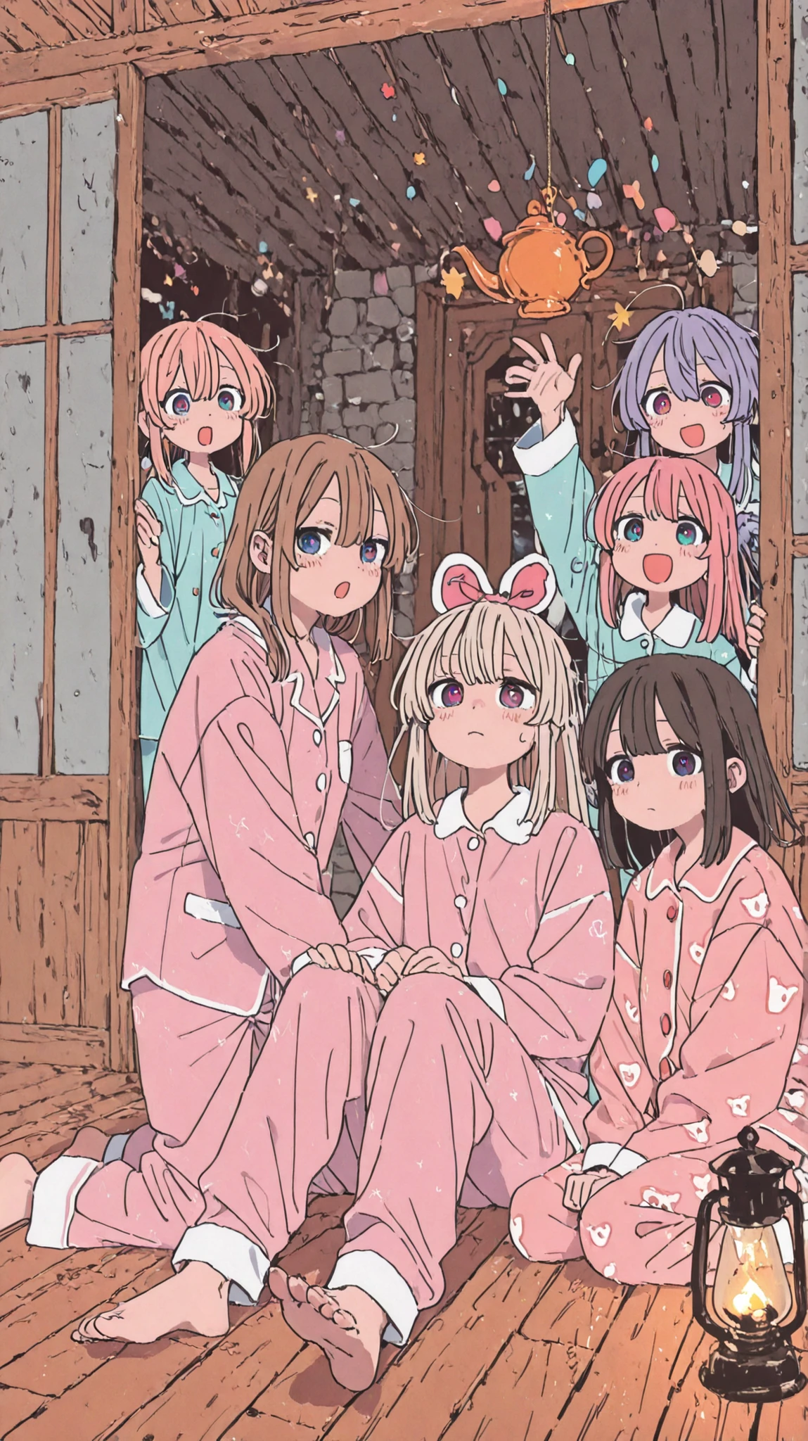 (((4People Party:1.7、pajamas party)))、dungeonに挑むIn pajamasの女性、In pajamas、奇妙なdungeon、dungeon、dungeon探索、I have an oil lamp