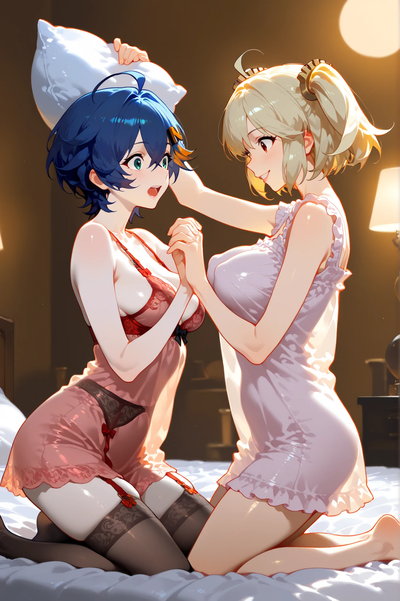 Erotic、Bedroom、Completely naked、Multiple women、Naked woman with a penis growing out of her crotch、Lesbian sex between women、Two women are flirting、Semen comes out、Sweat、ejaculation、Embarrassed expression、smile、ejaculation、Jolt!!Jolt!!orgasm、!!!!Beep!Feels good、No clothes、futa、Penis insertion、Dirty、