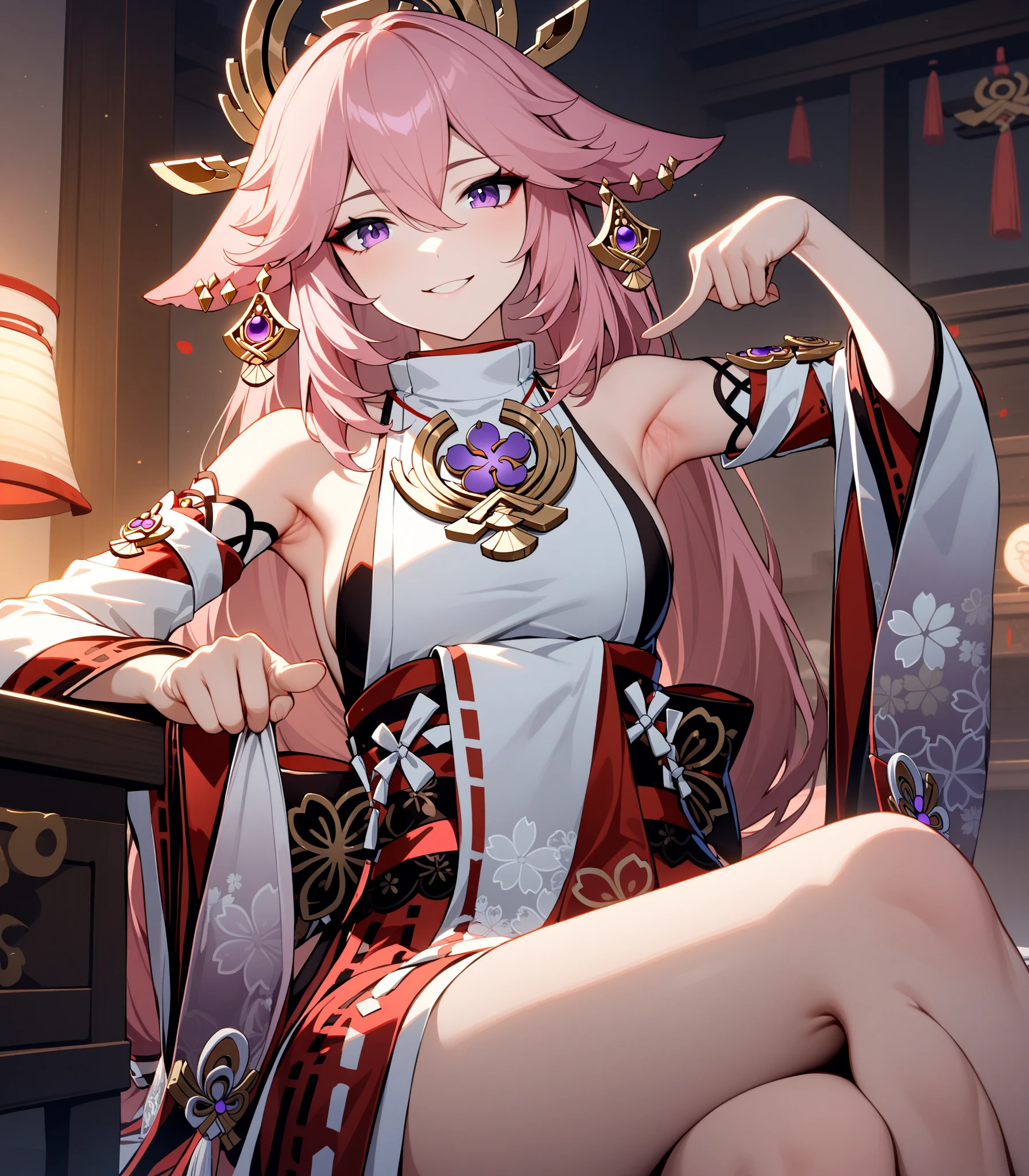 Yae Miko from genshin impact,nude,big ,clean pussy,on top of a building