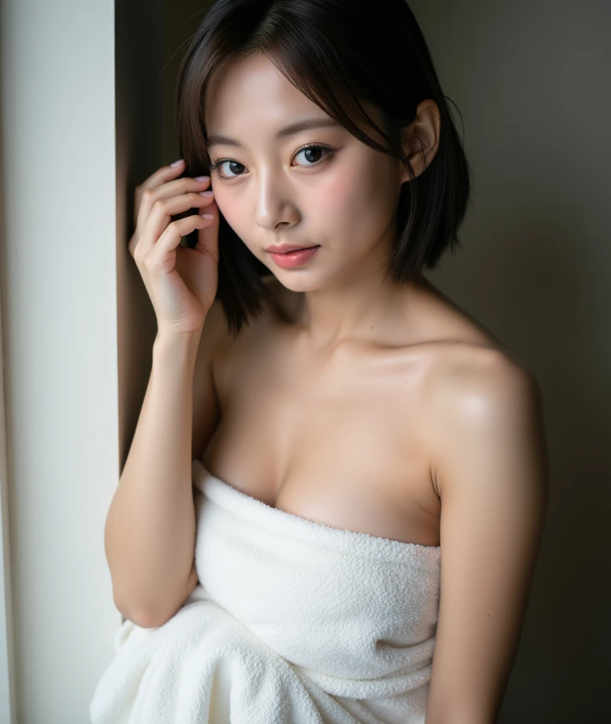 (ultra-realistic realism), (illustratio), (A high resolution), (8K), (The is very detailed), (The best illustrations), (beatiful detailed eyes), (top-quality), (ultra - detailed), (tmasterpiece), (the wallpaper), (详细的脸), Mature 30 year old woman，Short or medium hair, Touch your breasts in the bathroom，out your tongue，Sweating or getting wet all over the body，White liquid