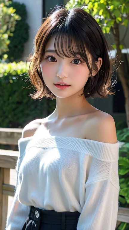 table top, highest quality, 8k, 6 years old, teen, primary school student,young face,RAW photo, absurd, award-winning portraits, smile, alone, (night:1.8), idol face, drooping eyebrows,delicate girl,delicate body, Upper body, Digital single-lens reflex camera, looking at the viewer, Frank, Sophisticated,thin arms, thin body,professional lighting, film grain, chromatic aberration, (Eye and face details:1.0), close your mouth , black haired , shortcut,bangs,drooling eyes , moderately large breasts,knitted clothing,white knitwear,texture,too much exposure,beautiful shoulders,Shoulders are sticking out,((drop shoulder:1.2)),cleavage,I can see your chest,