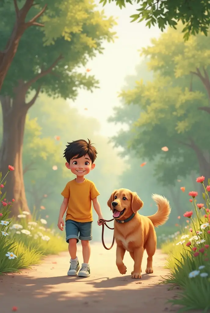 The dog goes back tired after some time. The boy comes out from behind the tree and breathes a sigh of relief.