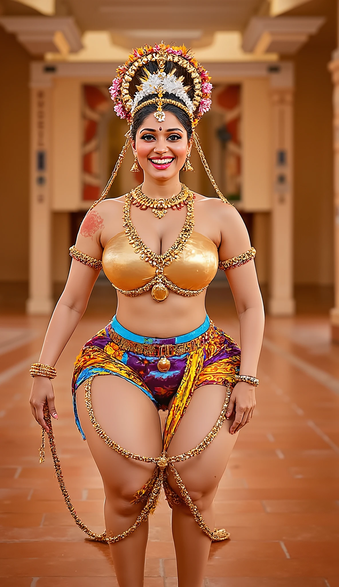 A voluptuous South Indian woman with deep dusky skin, broad thighs, and a strong curvy build performs a dramatic classical dance pose inside a traditional temple interior, squatting low with both knees wide, heels raised, and arms lifted above her head in a graceful mudra. Her expression is joyful and intense, with kohl-lined eyes, a radiant smile, and red sindoor along her hairline. Her bust is covered by elaborate golden medallion pasties joined by chains and ornate chest jewelry, while her lower body is adorned with an intricately patterned silk dhoti or dancer’s wrap tied low at the hips, exposing her muscular thighs and the curve of her hips. The colors and fabrics are rendered in vibrant, AI-randomized jewel tones. She wears full temple adornments—gold necklaces, kamarband, bangles, traditional anklets, and flower garlands in her braid. The warm ambient lighting from hanging oil lamps and polished terracotta flooring creates soft glowing reflections on her skin. Shot in ultra-HD 8K with RED Komodo or Canon EOS R5, the image captures every detail: skin tension from the pose, the glint of layered jewelry, and the cultural richness of an erotic-yet-elegant dance performance frozen in divine rhythm and temple splendor.0