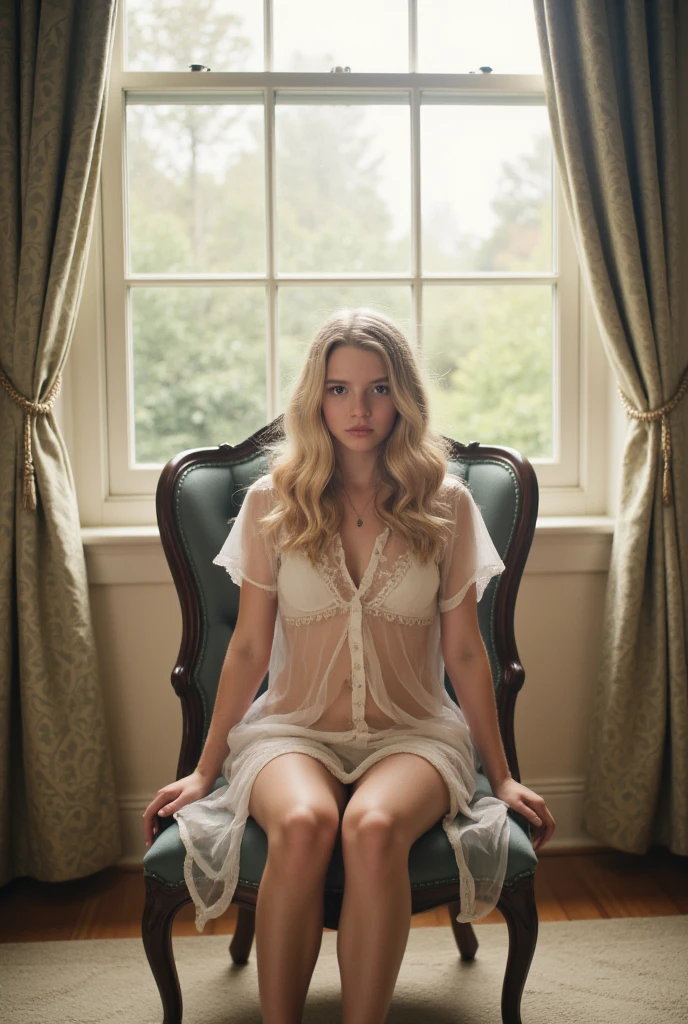 masterpiece, best quality:1.2, 1girl, solo,european slender blond LaGermania beautiful European smiling girl with golden blonde hair styled in a delicate half updo, soft tendrils framing her face. tattered velvet curtains, aged oak furniture with worn carvings, dusty leather-bound books with cracked spines, a tarnished silver candelabra, chipped porcelain figurines, an old iron key with rusted edges, weathered stone fireplace with soot stains, ancient brass oil lamp with a cloudy glass chimney, faded tapestries depicting medieval scenes, worn-out woolen rug with frayed edges, creaky wooden floorboards, a grand but cracked mirror with a gilded frame, timeworn wooden table with scratches, ancient goblets made of pewter, faded portrait paintings in elaborate frames, an old iron chandelier with missing crystals, a dusty harpsichord with yellowed keys, moth-eaten velvet cushions, a chipped ceramic vase with dried flowers, cracked marble bust on a pedestal, rusty iron door handles, old stained glass window depicting saints, a weathered wooden coat rack, an antique writing desk with ink stains, an old quill and inkwell, a cracked ceramic pitcher, cobwebbed corners, worn leather armchair with faded upholstery, a large brass clock with a missing hand, an ancient wooden chest with iron straps, a tattered lace tablecloth, a tarnished silver tray with a dent, dusty velvet drapes tied back with frayed silk cords, an old-fashioned spinning wheel with missing parts, a faded map of France on the wall, a heavy iron candlestick with melted wax drips, a wrought iron bed with a creaky frame, an ancient sword mounted on the wall, a rusted iron fireplace grate, an old wooden cupboard with peeling paint, a weathered bronze statue of a knight, an aged silver mirror with a cracked surface, a faded tapestry hanging on the wall, an ancient wooden rocking chair with a worn seat, and a dusty velvet armchair with a sagging cushion.
