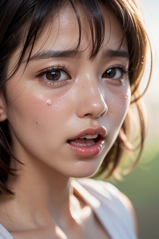 (Highest quality, 4K, 8k, High resolution, masterpiece:1.2), Very detailed, (Realistic, photoRealistic, photo-Realistic:1.37)、smile、Japanese、(Completely naked)、(((Bukkake)))、Lips parted,