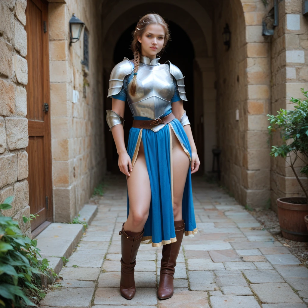 (absurdres, best high quality image, carefuly detailed features and textures, very detailed image, solo character alone, full character body and design, warcraft-aesthetic): {{(1character: 14 years old human mage girl), (fair skin, medium straight light brown hair, green eyes, medium breasts, nice body), (light blue bra, golden shoulder platea, grey cloak light blue short skirt, brown short boots), (grey steel scepter), (calm battle pose, serious expression), (modern human british city)}}