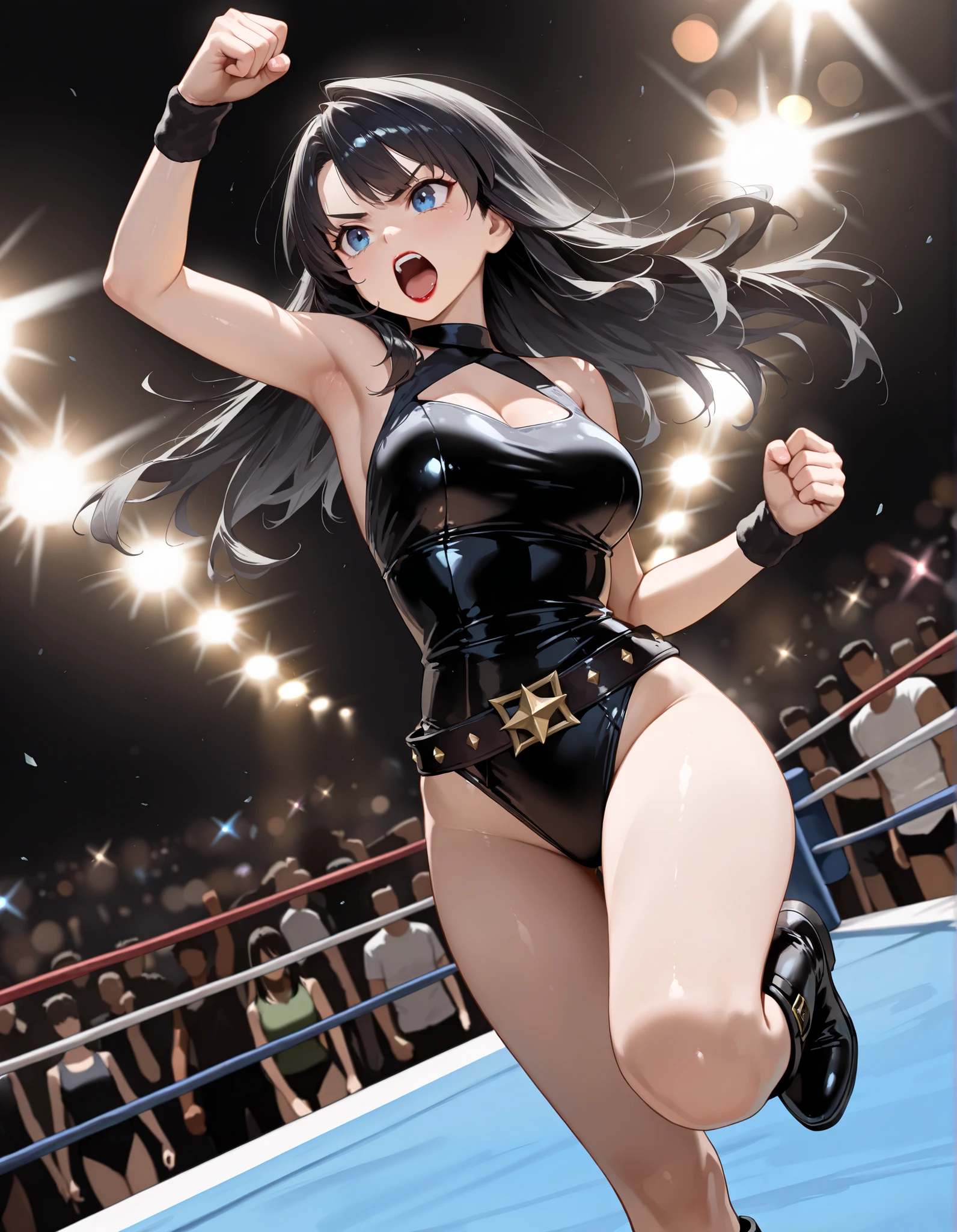 masuter piece、top-quality、8K、Impresionismo、Photorealsitic、Women's Pro Wrestling、dynamicposes、dazzling lights、professional wrestling、An enthusiastic crowd is watching、dynamicposes、Powerful composition、Fighting